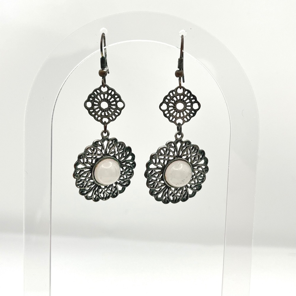 Boho Antiqued Silver Filigree Dropβ Earrings with White Cabochon Stone Mandala